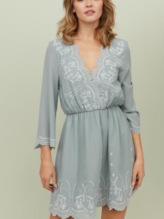 H&M Dresses & Skirts - H&M Sage Green Embroidered Boho Mini Dress | 3/4 Sleeve V-Neck